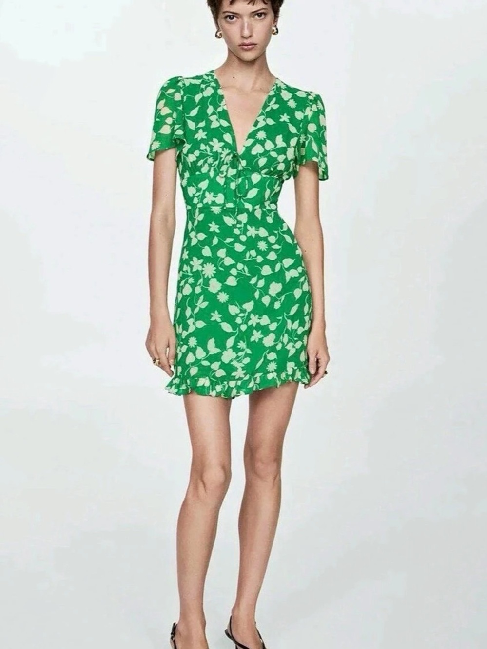 MNG Floral Printed Mini Dress in Green & White